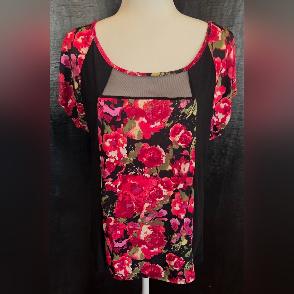 Y2K "Forever Jade" Black Tunic Cap-Sleeves Floral Print Sheer Elements